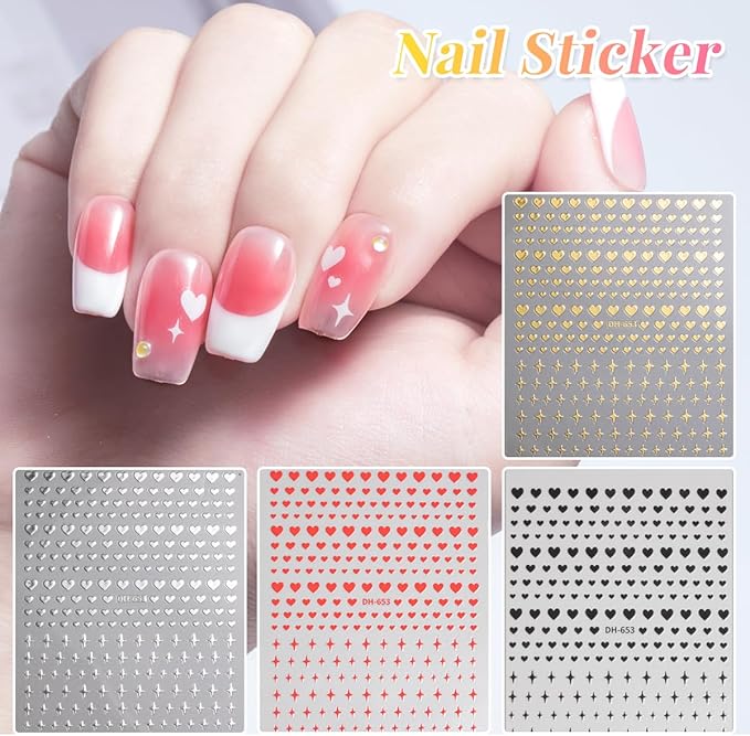 6Sheets Heart Nail Art Stickers, Hearts Stars Nail Decals for Women Valentines Nail Art Supplies 3D Black White Gold Silver Blue Red Heart Stickers for Nails Design Sticker DIY Manicure Decoration