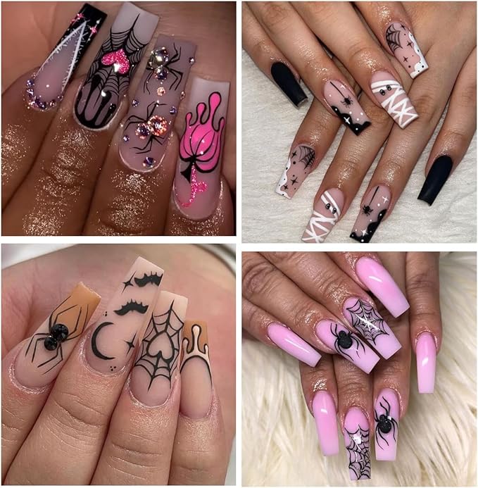 6Sheets Halloween Nail Stickers for Nail Art,3D Self-Adhesive Cute Ghost Spider Web Nail Decals with Rhinestones Design,Pink Pumpkin Spiders Skull Nail Art Stickers for Women Girls DIY Nail Decoration