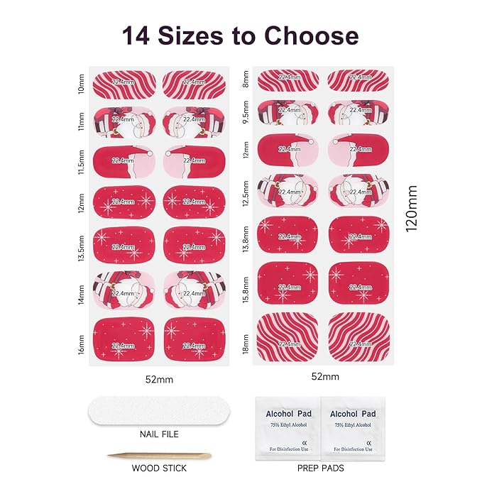 Semi Cured Gel Nail Strips,28 pcs Christmas Nail Stickers for Women,Long Lasting Gel Strips with Any UV Light,Red Santa Sticker for Nails Easy to Apply