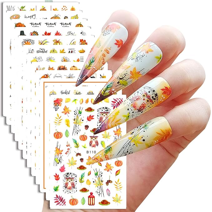 Fall Nail Art Stickers - 10 Sheets Maple Leaf Nail Art Supplies - 3D Self-Adhesive Nail Decals Autumn Thanksgiving Maple Leaves Pumpkin Turkey Nail Sticker for Women Manicure Decoration
