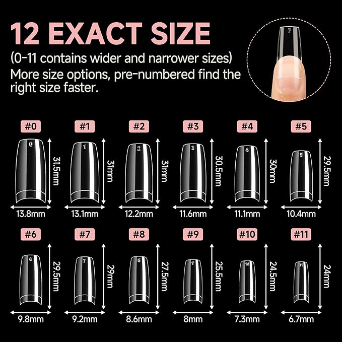 UNA GELLA Clear Gel Nail Tips Square No C Curve 504pcs French Style Square Acrylic Nail Tips Pre-inner Half Cover Faster Gel Nail Extension Home DIY French Press On Nails 12 Sizes