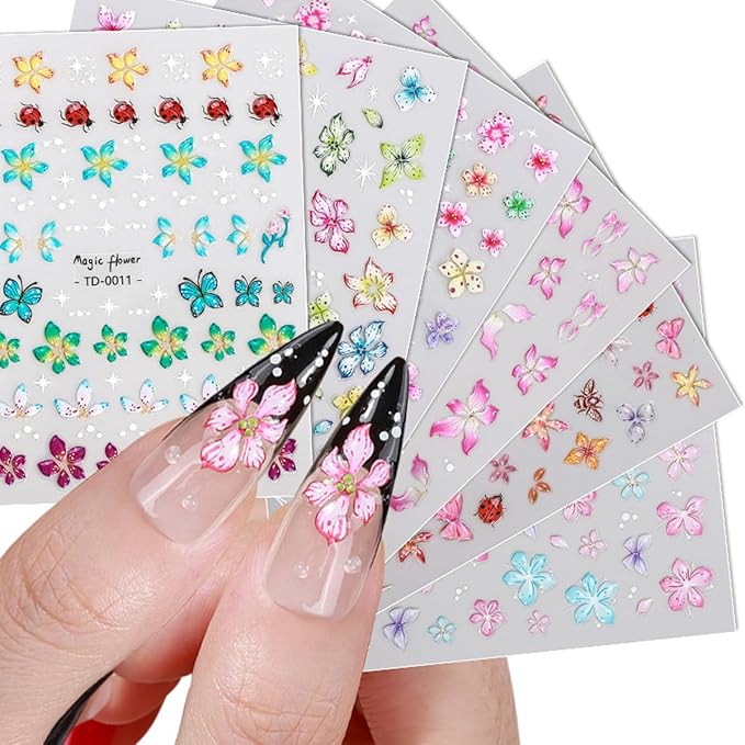 Flowers Nail Art Sticker- 5D Embossed Lily Flower Nail Decals Spring Colored Orchid Floral Petals Nail Design Hibiscus Flower Adhesive Gel Slider Nail Charms Summer Decor DIY Manicure Accessories 6PCS