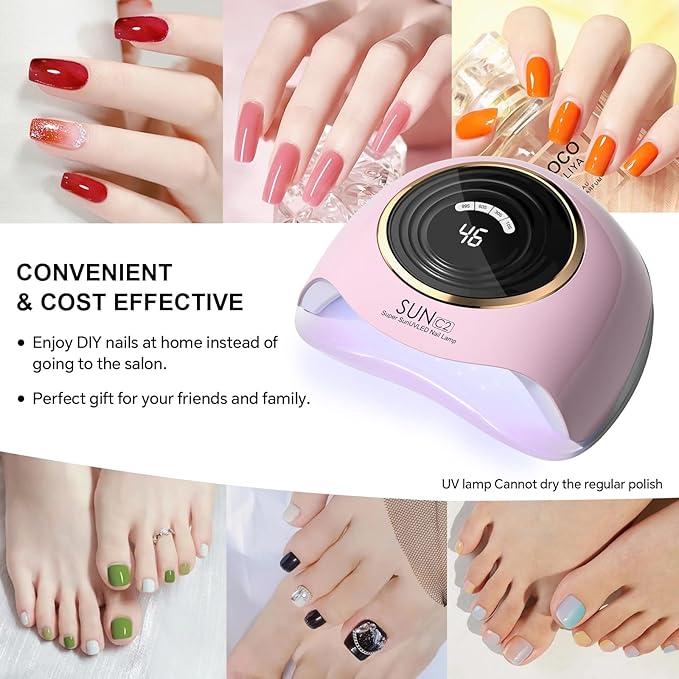 288W Professional UV LED Nail Lamp with 63 Beads - Fastest Gel Curing Dryer for Home & Salon, Smart Sensor, LCD Display & 4 Timers, Pink Salon-Grade Light