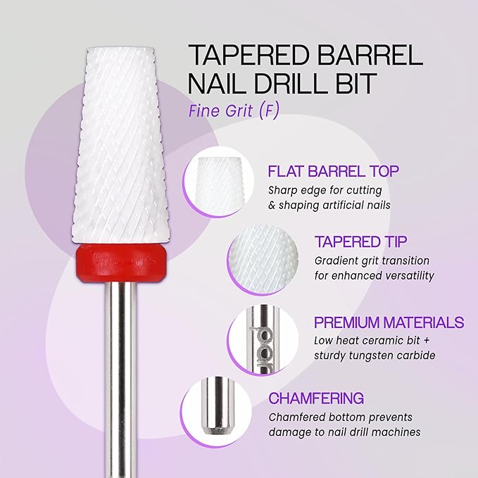 PANA Tapered Barrel Ceramic Bit 3/32" Shank Size - (Ceramic, Fine Grit) - Nail Drill Bit Removes Acrylic or Hard Gel from Nails for Manicure Pedicure Salon Professional or Beginner