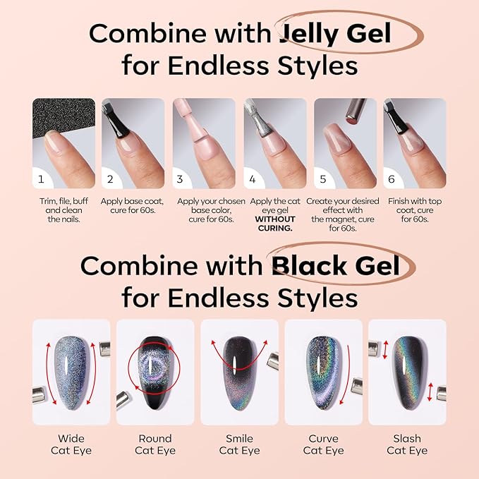 modelones Cat Eye Gel Nail Polish, 15 ML Silver Nude Glitter Holographic Glass Cat Eye Summer Jelly Shimmer Reflective Translucent U v Gel Magnetic Nail Polish Top Coat for Women Girl