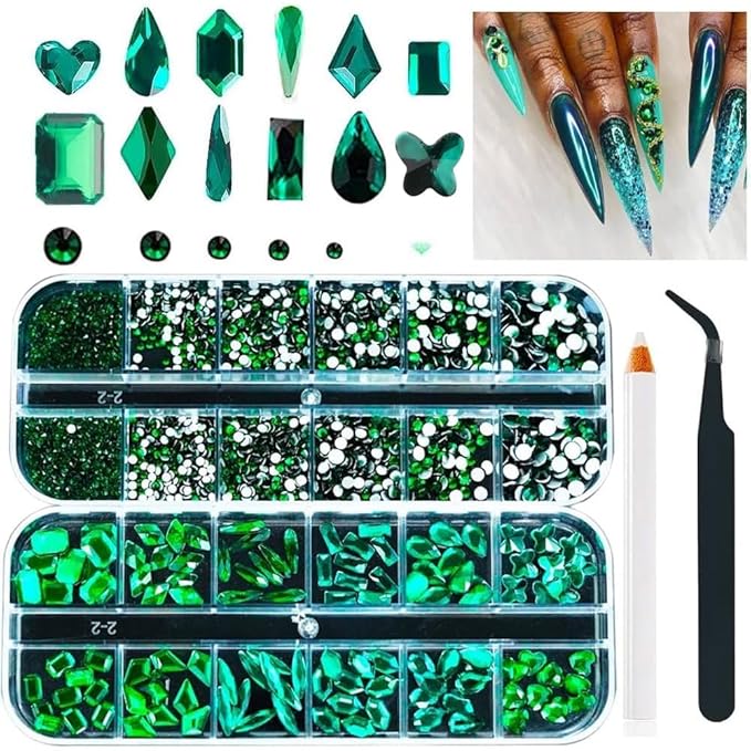 2680Pcs Emerald Green Nail Rhinestones, 120Pcs Big Glass Green Diamond Nails Gem Stones with Bling Flatback Round Beads, Clear Nail Art Charms Jewelry for Face DIY Decoration with PickTool