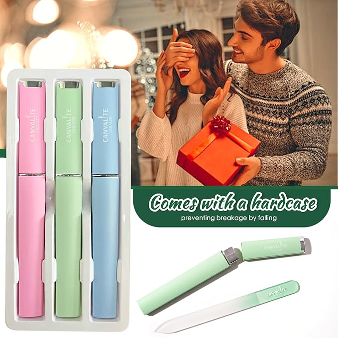 CANVALITE Glass Nail Files for Natural Nails Glass Fingernail File with Case Double Sided 180/320 Grit, Stocking Stuffers for Women Girls, Pack of 3