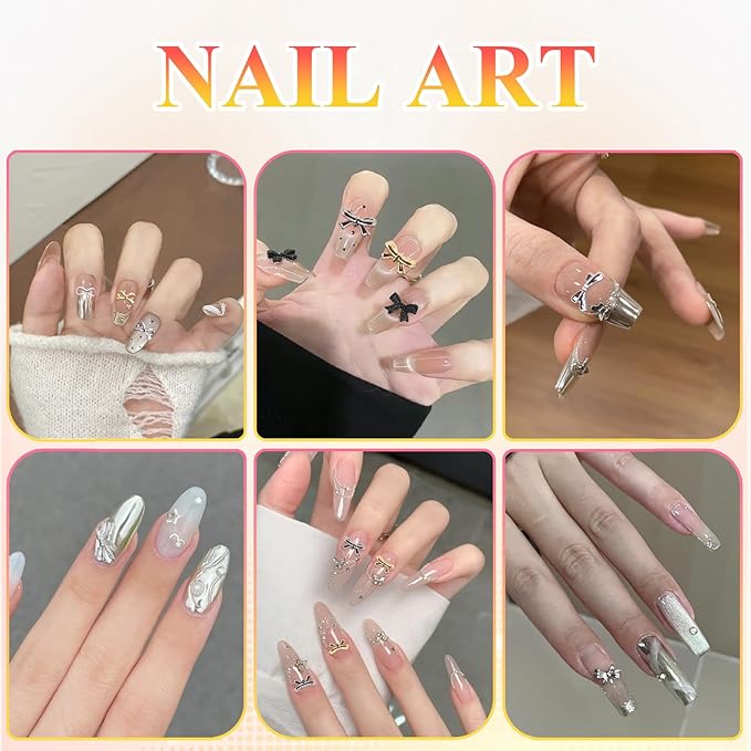 3D Metal Bowknot & AB Pearl and Mini Beads Nail Art Kit - Gold/Silver Alloy Bowknot, 1-2mm Stainless Steel Caviar Beads, 3mm Half Pearls for Professional Salon & DIY Manicure Jewelry Designs (Set 2)