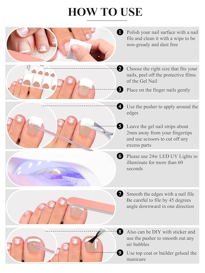 EBANKU 52Pcs Semi-Cured Gel Nail Strips Toes, Terra Cotta Deep French Gel Nail Strips for Toes, Long-Lasting French Manicure Stickers Salon Nails at Home Requires UV Light with Nail File&Stick