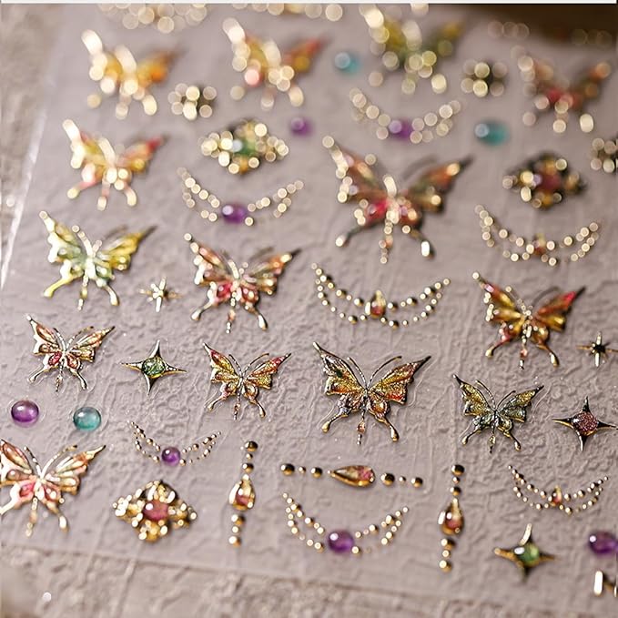 Gold Butterfly Nail Art Stickers - 5D Embossed Butterflies & Flowers Nail Decals - Self Adhesive Luxury Shiny Nail Design Stickers for Women & Men Manicure Decoration