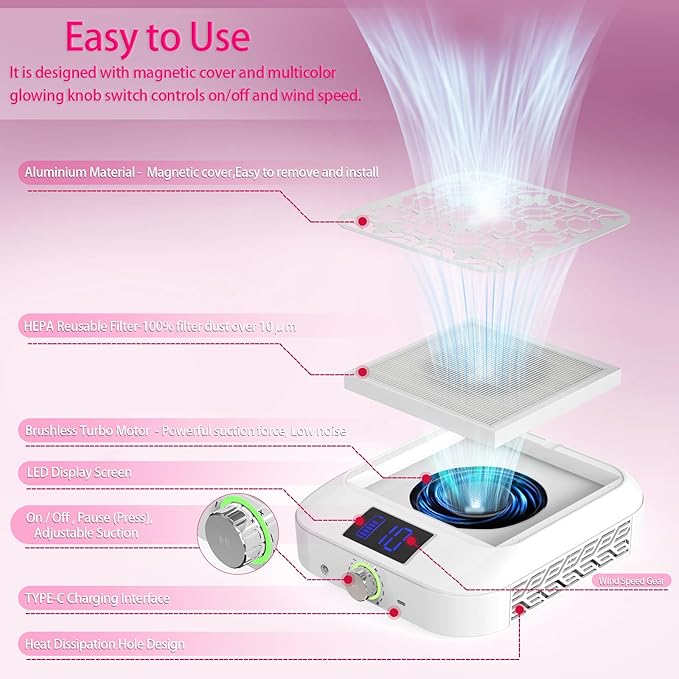 Cordless Nail Dust Collector for Nail Tech,Rechargeable Vacuum Cleaner Turbo Fan Quiet & Powerful Suction,Filing Debris Extractor for Acrylic Gel Polishing,Reusable Filter,Must Have Nails Art Tools
