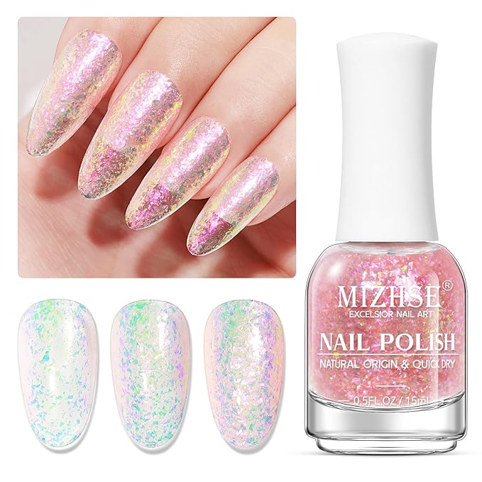 MIZHSE Nail Polish: 15Ml Mermaid Pearl Nail Polish Pink Aurora Sequins Effect Nail Polish, Fingernail and Toenail Polish Glossy Long Lasting Nail Polish Trendy DIY at Home Nail Gift Spree