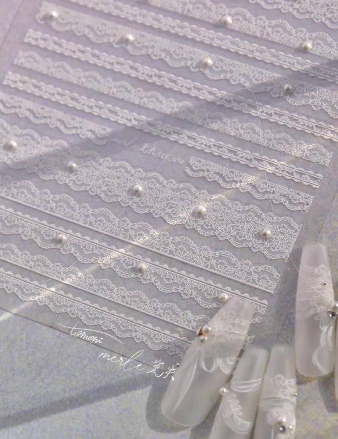 White Lace Nail Stickers 5D Embossed Pearls – Premium Salon-Quality Nail Charm Accessories, Easy Application & Self-Adhesive Rhinestones Pearl for DIY Manicure, Nail Art, Press on, Home or Salon Use