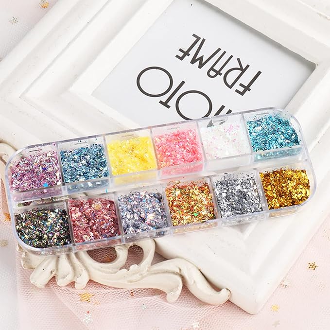 Holographic Glitter Nail Art Flakes, 12 Colors Irregular Sparkly Sequins Design, 3D Shiny Powder Acrylic Nails Supplies for Women Girls Manicure Charms Decorations, DIY Resin Tips