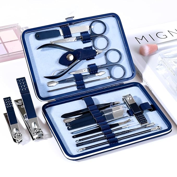 Manicure Set Pedicure Kit Nail Clippers Set Fingernail Clipper Set Ingrown Toenail Nail Kit Scissor Nail Trimmer Kit 18 Pieces Women and Men’s Care Grooming Tools with Fine Case (Dark Blue_18 Pieces)