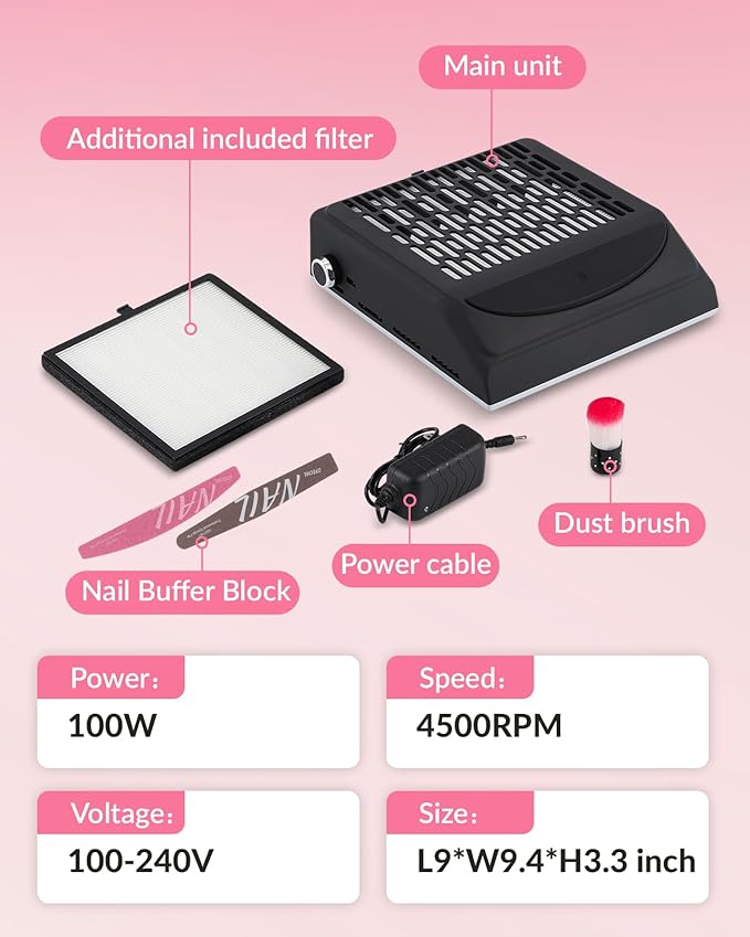 BAOSHISHAN Nail Dust Collector, Professional 100W Nail Vacuum Dust Extractor with Reusable Filter, Nail Tech Vacuum Dust Fan Perfect for Salon Home Use