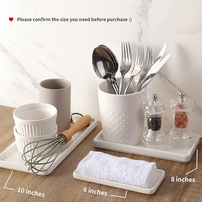 Gurygo 2 Pack 8" Ceramic Rectangular Vanity Trays, White, Set of 2