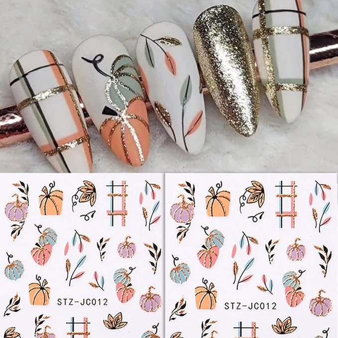 Maple Leave Nail Art Sticker Decals, Fall Pumpkin Maple Leaves Nail Stickers 6PCS Autumn Nail Decals for Nail Art Colorful Leaves Design Nail Supplies Elegant Self Adhesive Decals for Women Nail Decor
