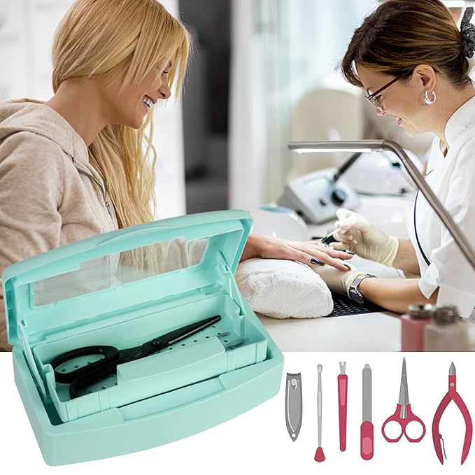Gusnilo Barbicide Disinfectant Box Nail Art Tools Sanitizing Tray Disinfectant Container Nail Tool Sterilizer Box Plastic Clean Sterilizer Box Storage Organizer for Nail Manicure Tool (Light Green)