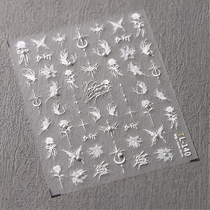 5D Embossed White Butterfly Flower Nail Stickers for Nail Art White Moon Star Nail Art Stickers White Nail Decals with Pearl Design Spring Summer Nail Supplies for Women Girls