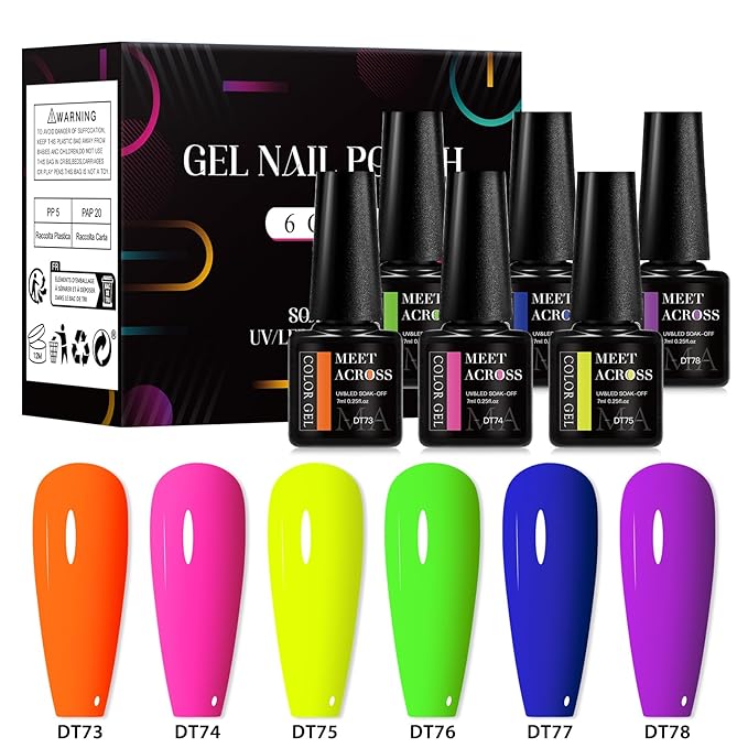 MEET ACROSS Neon Gel Nail Polish Set, 6 Colors Orange Yellow Green Blue Hot Pink Red Purple Spring Summer Fluorescent Gel Polish Home DIY Manicure Gift for Girls Women