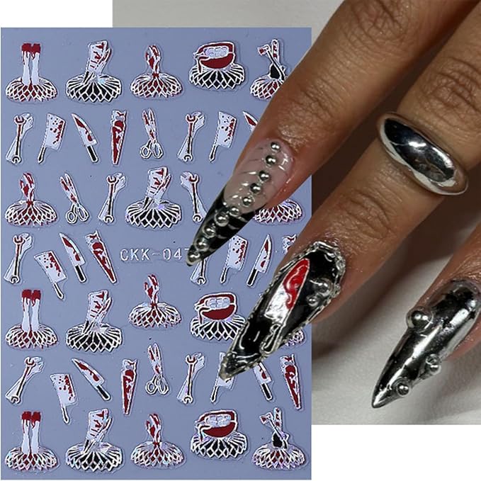 6Pcs Halloween Nail Stickers 3D Horror Skeleton Nail Decals Self Adhesive Snake Ghost Blood Hand Bone Knife Design Goth Nail Art Sticker Laser Skull Spider Nail Supplies for Women DIY Holiday Manicure