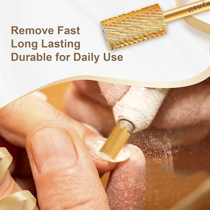 3/32" Large Barrel Flat Top Tungsten Carbide Nail Drill Bit Safety Bit for Gel & Acrylic Removal, 2-Way Rotating Efile Tip, Salon Electric File Accessory (C Grit, Gold)