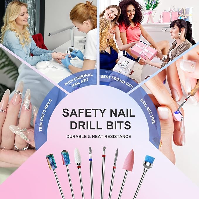 3/32'' Nail Drill Bits Set – 8pcs Tungsten Carbide & Ceramic and Diamond Bits for Acrylic, Gel & Cuticle Removal – Professional Electric Nail File Kit for Manicure, Pedicure – Home & Salon Use