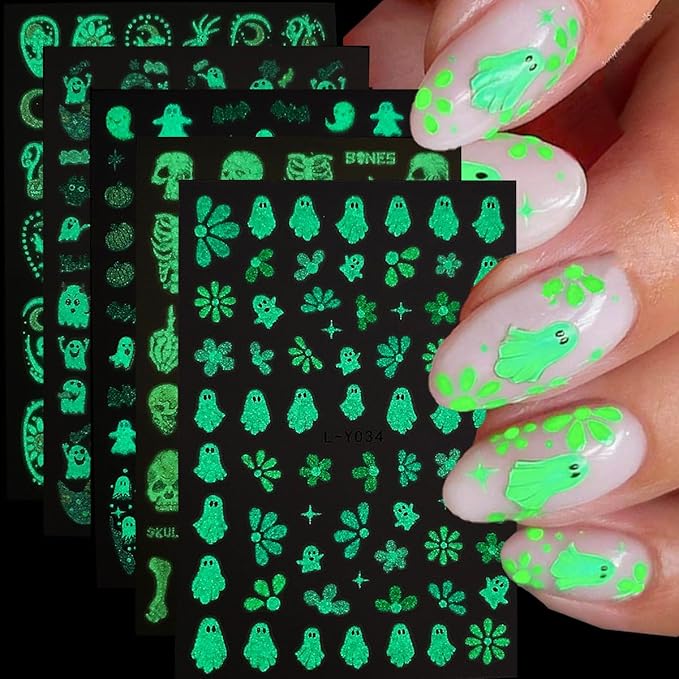 Halloween Luminous Nail Art Stickers Glow in The Dark Nail Stickers 5PCS Skulls Ghosts Pumpkin Design Nail Decals Nail Art Supplies Spider Web Bat Flower Halloween Stickers for Women Nail Decorations