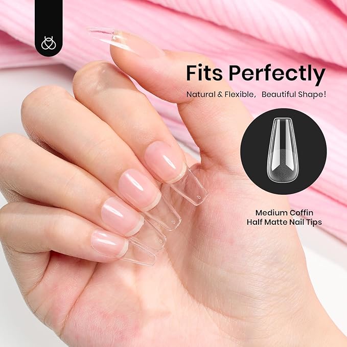 Beetles Coffin Medium Nail Tips - 504 Pcs Easy Press On Nails, Matte Finish, Pre-Shaped for Gel Art Polish