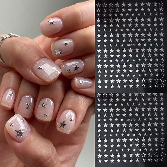 6 Sheets Star Nail Art Stickers Decals Gold Silver Star Nails Stickers for Nail Art Self-Adhesive Black White Laser Nail Decals
