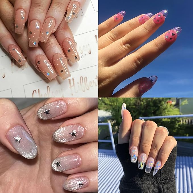 30 Sheets Aurora Nail Art Stickers Heart Star Nail Decals 3D Self-Adhesive Holographic Laser Star Nail Stickers Glitter Flower Butterfly Pattern Acrylic Design for Women Girls DIY Nail Art Decoration