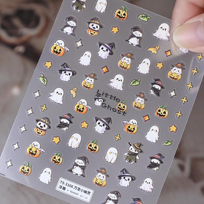 Halloween Nail Stickers for Nail Art - Cute Ghost Nail Art Sticker Halloween 5D Embossed Nail Decals Self-Adhesive Nails Supply Manicure Stickers for Nails Decoration(Little Ghost)