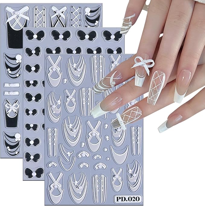5 Sheets Ballet Bow Nail Art Stickers 5D Relief Self -Adhesive Pearl Bow Nail Decals Holographic Lace Bows Love Heart Nail Stickers French Nail Decoration for Women Manicure Supplies