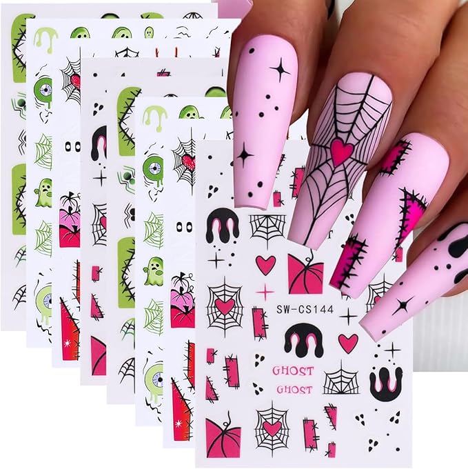 Halloween Nail Art Stickers 3D Self-Adhesive Nail Decals Nail Art Supplies 8PCS Pink French Flame Pumpkin Spider Web Ghost Eyeball Halloween Nails Adhesive Sliders for Women DIY Manicure Decorations