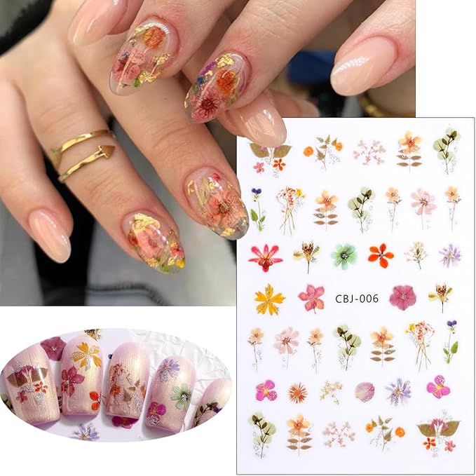 Flower Nail Art Stickers Decals 3D Silver Glitter Floral Nail Decals Spring Summer Leaf Rose Daisy Nail Stickers Colorful Cute Flower Nail Decoration Accessories for Women DIY Acrylic Nail 6Sheets