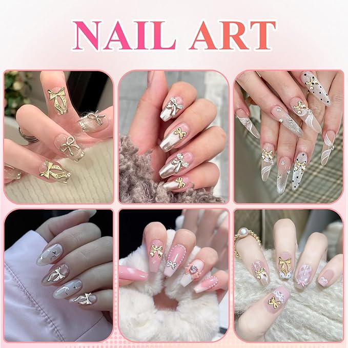3D Metal Bowknot & AB Pearl and Mini Beads Nail Art Kit - Gold/Silver Alloy Bowknot, 1-2mm Stainless Steel Caviar Beads, 3mm Half Pearls for Professional Salon & DIY Manicure Jewelry Designs (Set 3)