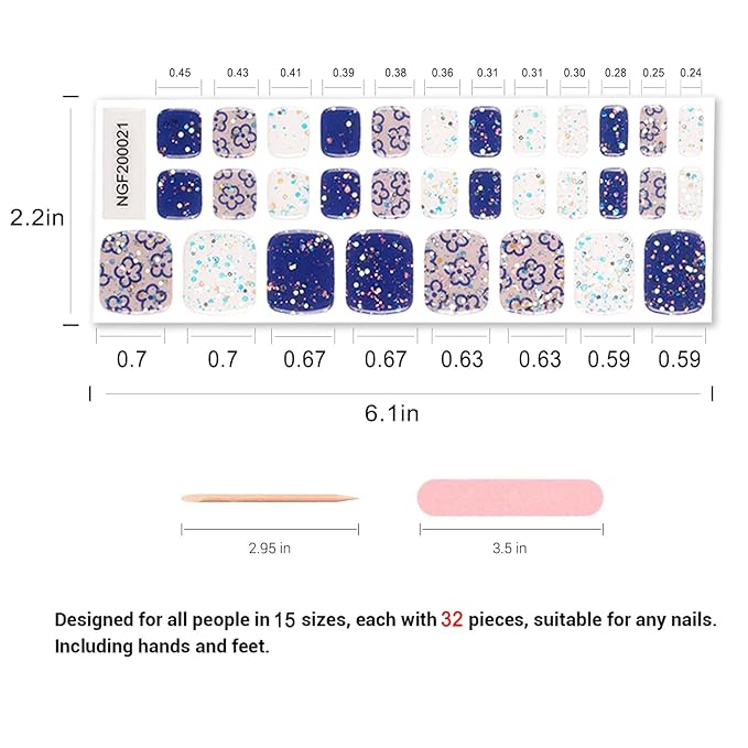Semi Cured Gel Toenail Strips, 32 Sapphire-Blue Flower Gel Toenail Stickers - Works with Any UV Lamps Pedicure Strips Full Nail Wraps with Nail File & Wood Stick
