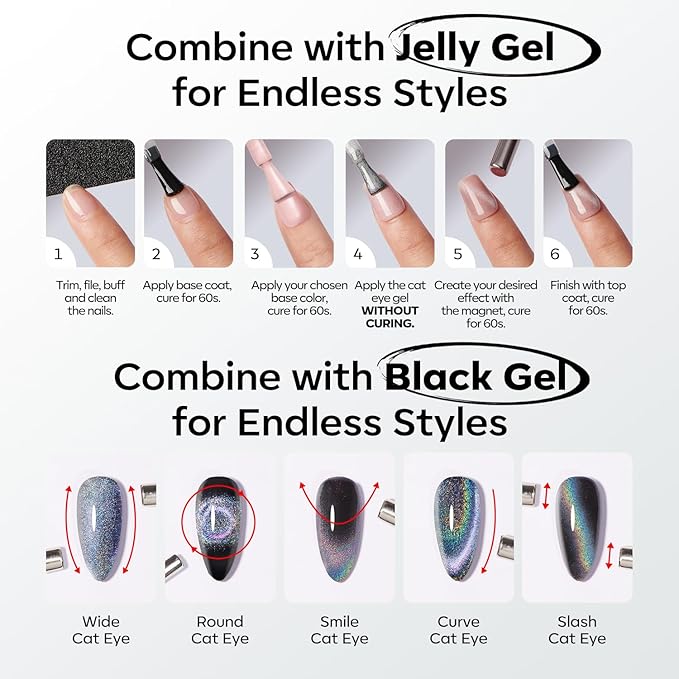 modelones Cat Eye Gel Nail Polish, 15 ML Holographic Glitter Shimmer Translucent Sheer Color Black Polish Magnetic Nail Polish with Magnet Soak Off Led Top Coat Nail Art Gel DIY Salon Gift