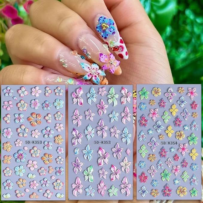 3 Sheets Colorful Flower Nail Stickers, Summer Embossed Lily Nail Decals, 5D Self-Adhesive Nail Design Stickers for Daily Festival DIY Spring Summer Floral Manicure Decoration Supplies