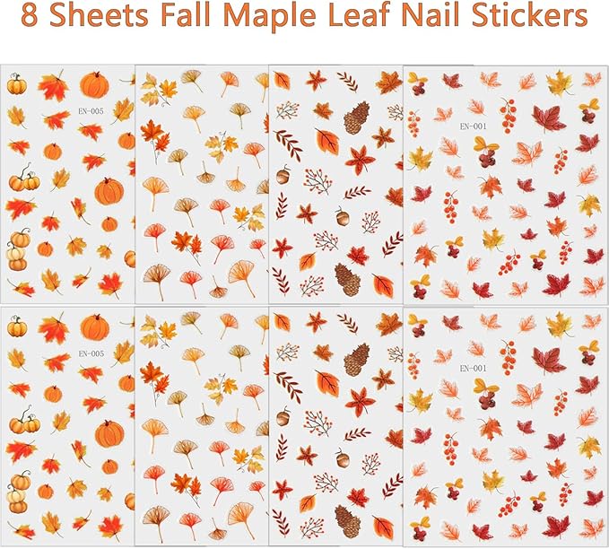 8 Sheets Autumn Maple Leaves Nail Stickers for Thanksgiving Pumpkins, Fall Fruit, Ginkgo Leaf - 3D Self-Adhesive Decals for Women Nail Art Design