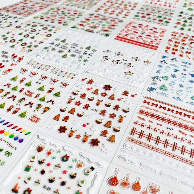 30PCS Christmas Nail Art Stickers Decals 3D Self-Adhesive Xmas Nail Decals Nail Art Supplies Xmas Tree Santa Claus Elk Cartoon Christmas Nails Design Adhesive Stickers for Women DIY Nail Decorations