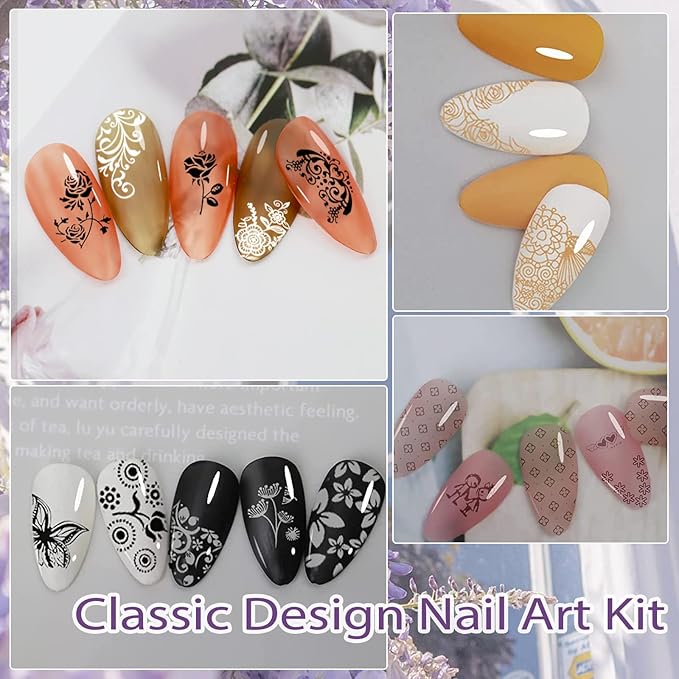 Biutee Nail Stamper Kit 12Pcs Nail Stamping Plate 8Pcs Stamping Gel Polish Nail Stamping Kit with Silicone Stamper Scraper Storage Bag Lace Plaid Stamp Template Halloween Christmas Gift for Women