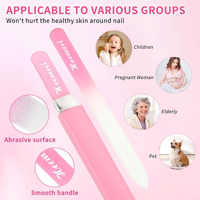 Glass Nail File, Double Sided 180/320 Grit Glass Nail Files with Case, Finger Nail Files for Women, Glass Nail File for Natural Nails, Fingernail File, Crystal Nail File, Pedicure Nails, Pink