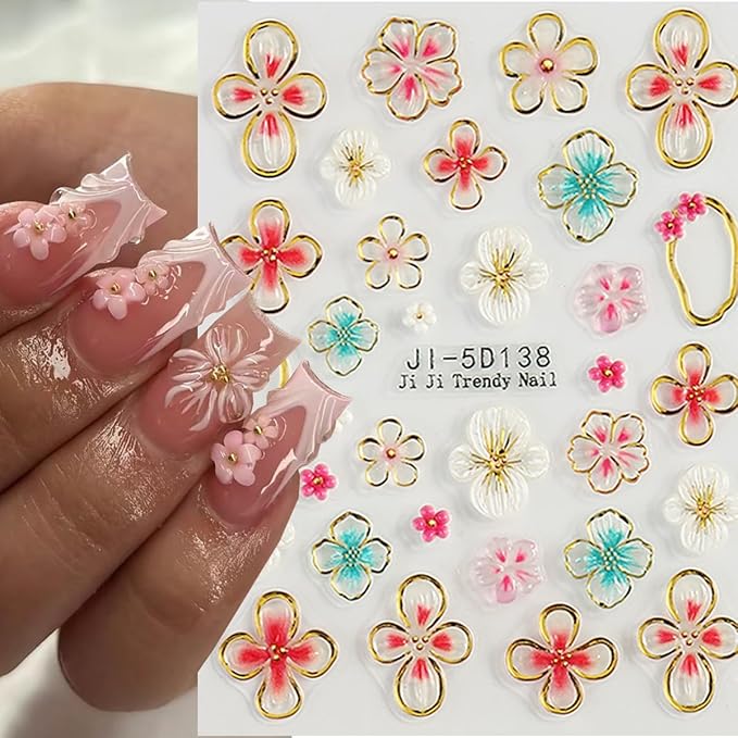 Flower Nail Stickers 5D Hibiscus Flower Stickers for Nails Lily Floral Nail Decals Self Adhesive Nail Art Design Sticker para Uñas Summer Nail Art Sticker for Women DIY Acrylic Nails Decor 2 Sheets