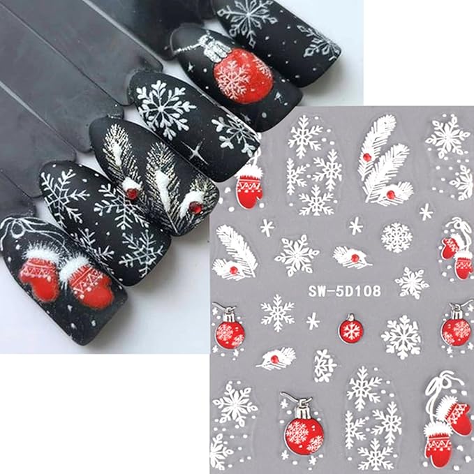Christmas Nail Art Stickers 5D Embossed Nail Decals Cane Glove Snowflakes Design Lantern Nail Stickers Acrylic Accessories Nail Supplies for Women DIY Christmas Decorations 2 Sheets