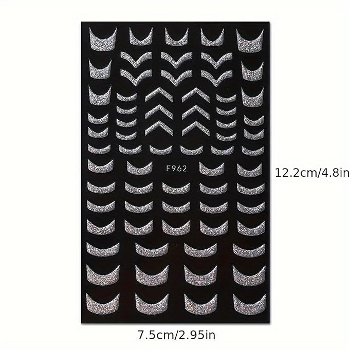 6 Sheets 3D Self-Adhesive French Tip Nail Art Stickers Decals Silver Glitter Nail Stickers Sparkly Nail Decorations Decals Curved Lines Nails Art Designs for Women DIY Nail Art Accessories
