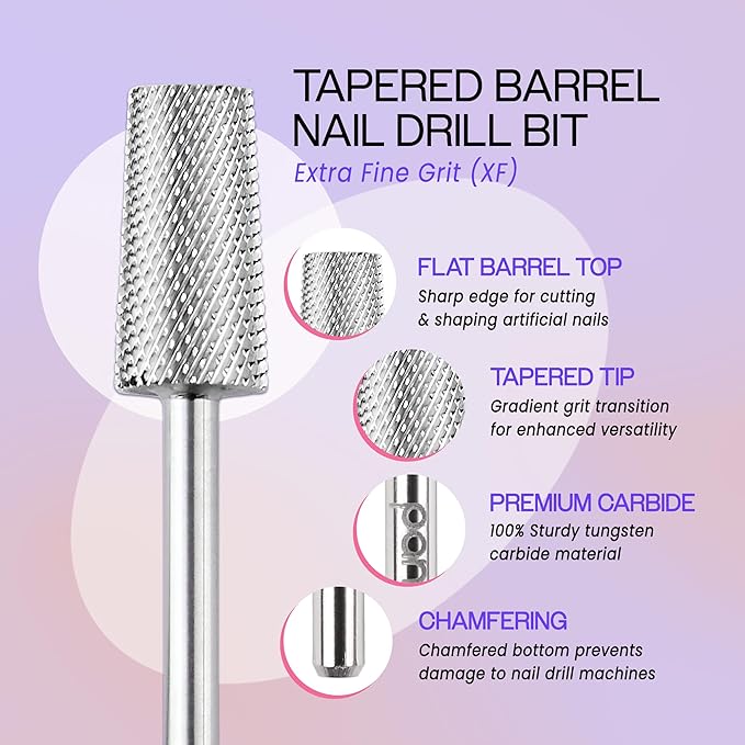 PANA Tapered Barrel Carbide 3/32" Shank Size - (Silver, Extra Fine Grit) - Fast remove Acrylic or Hard Gel Nail Drill Bit for Manicure Pedicure Salon Professional or Beginner