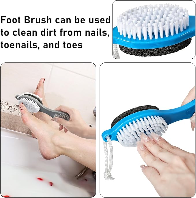 Pumice Stone Brush for Feet 4 in 1, Foot File Callus Remover, Foot Rasp and Sand Paper Pedicure Tools with Handle, Shower Foot Scrubber, Soft Smooth Feet for Home Foot Care,4 Pack