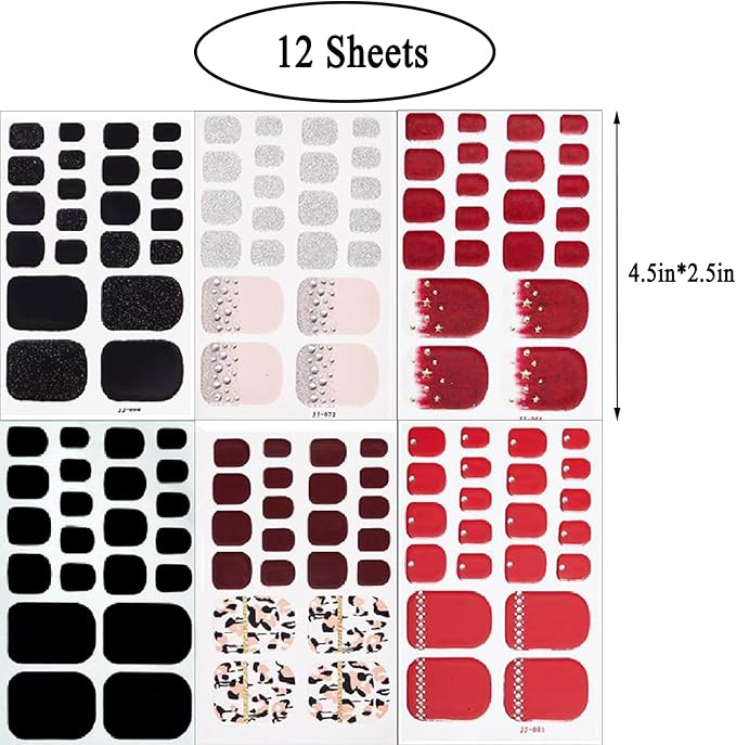 6 Pieces of Summer toenail Stickers French Diamond toenails Gradient self-Adhesive Full Stickers Ladies Flash Black and red toenails Design with Nail File
